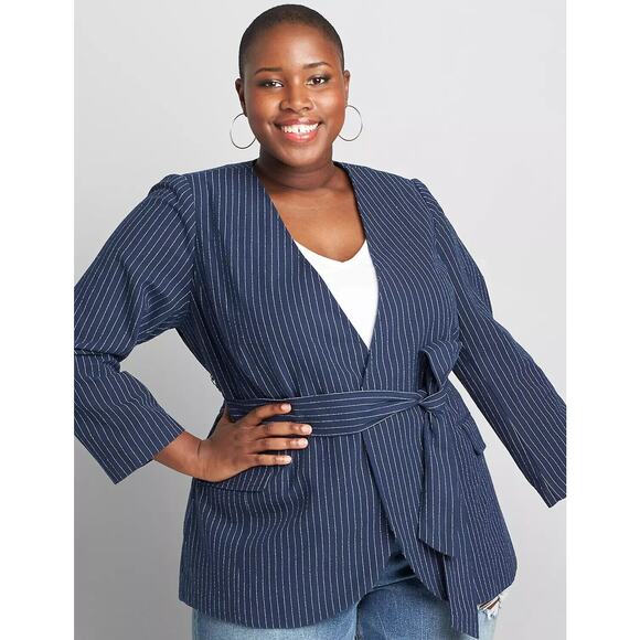 Lane Bryant Jacket Womens 14 Navy Blue White Linen Blend Stripe Blazer New FLAW - Picture 4 of 16
